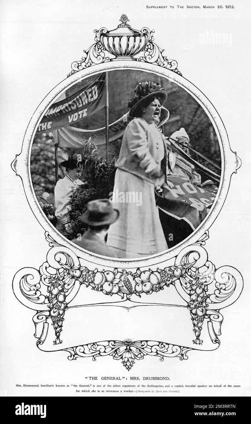 Flora Drummond Suffragette. Mrs. Florrie (Flora) Drummond von der W.S.P.U., auch bekannt als „General“ Drummond, im Sketch Magazin im Jahr 1912 abgebildet. Datum: 1912 Stockfoto