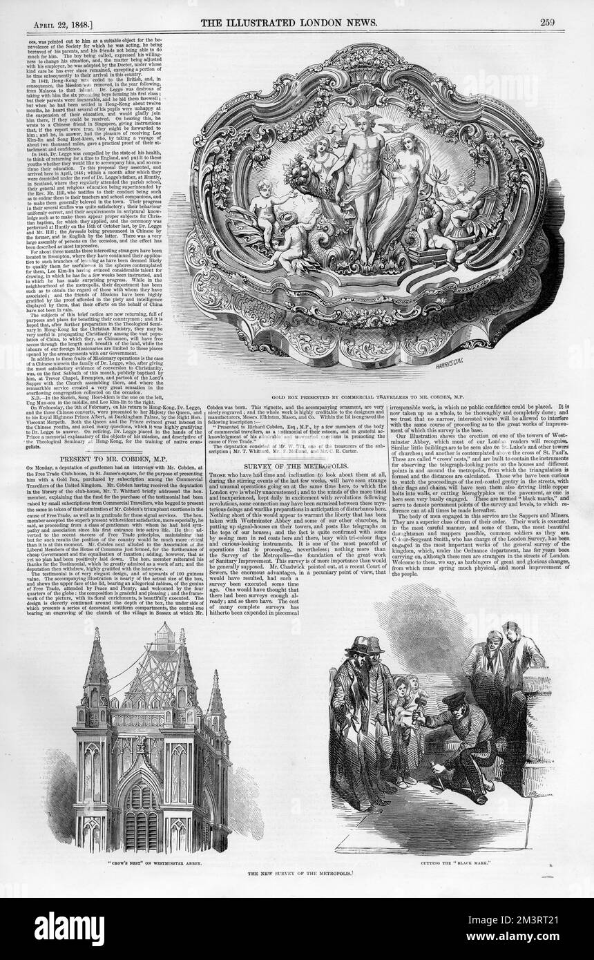 Seite aus den illustrierten London News vom 22. April 1848 mit Gravuren einer goldenen Kiste, die von Geschäftsreisenden an Mr. Cobden, das Krähennest der Westminster Abbey, überreicht wurde und die schwarze Markierung durchschneidet. Datum: 1848 Stockfoto