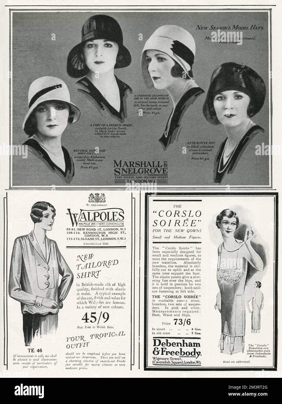 Seite mit drei Modewerbungen für Damenbekleidung für den Winter aus „The Tatler“, Februar 1930. „Marshall &amp; Snelgrove“, New Seasons Hüte, „Walpole“, maßgeschneiderte Bluse und „Debenham &amp; Frebody“, Baumwolle Corslo Soiree, Slip. Datum: Februar 1930 Stockfoto