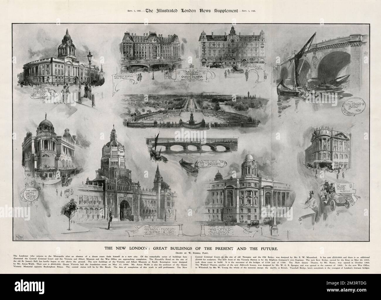 Zeichnungen verschiedener Gebäude und Brücken in London, das New London - große Gebäude der Gegenwart und Zukunft 1906 Stockfoto