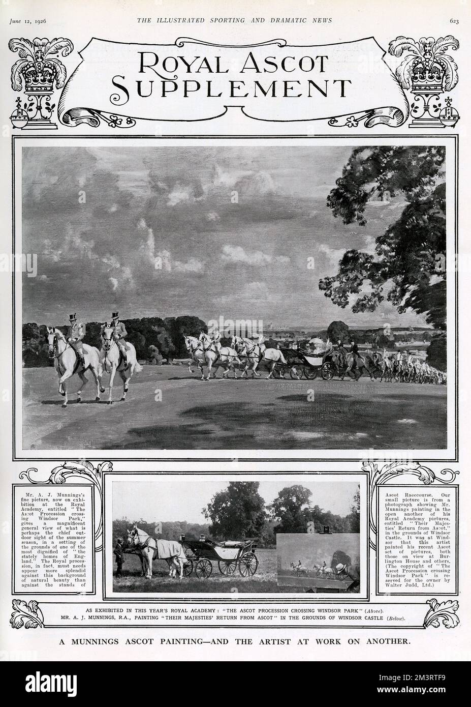 Ascot Procession über Windsor Park von Sir Alfred James Munnings R.A. (1878-1959). Unten sehen Sie ein kleines Foto, das den Künstler bei der Arbeit an einem anderen Gemälde auf dem Gelände von Windsor Castle zeigt. Datum: 1926 Stockfoto