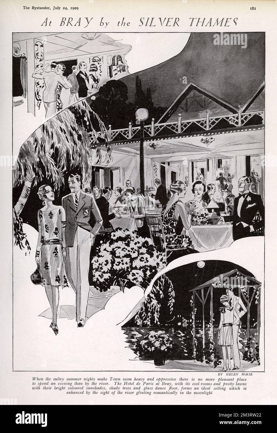 Szenen im Hotel de Paris in Bray, einem beliebten Nachtlokal in den 1920er Jahren für Spaßsuchende, die London für den Abend entfliehen möchten. Das Angebot umfasst kühle Zimmer, hübsche Rasenflächen und helle Sonnenschirme, schattige Bäume und eine Tanzfläche aus Glas, alles am Fluss, "das romantisch im Mondlicht glitzert". Datum: 1929 Stockfoto