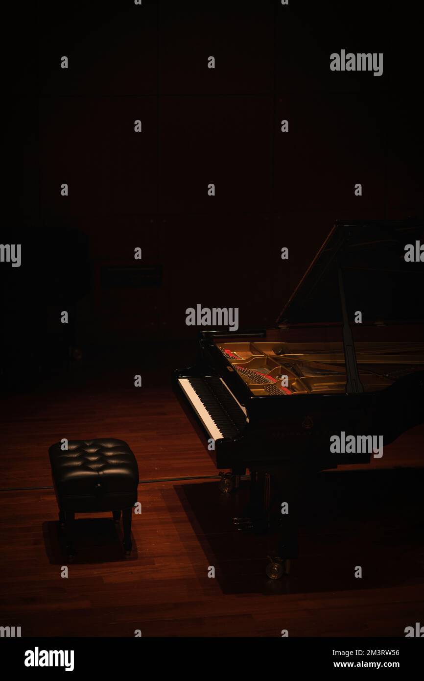 Ein vertikales Bild des Klavierspiels von Steinway & Sons in einer Aufführungshalle in Hongkong Stockfoto