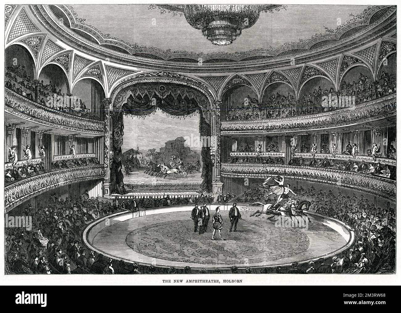 Das neue Royal Amphitheatre in Holborn, London, wurde an der Stelle des alten Metropolitan House Bazaar erbaut. Mit Unterhaltungsshows wie Reiten und Gymnastik Datum: 1867 Stockfoto