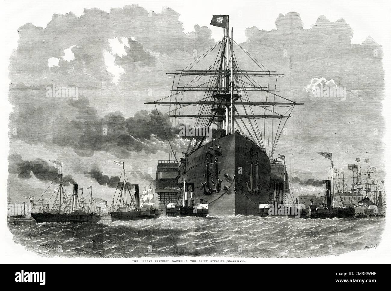 „Great Eastern“, Fahrt die Themse hinunter, Abbildung zeigt das Schiff in der Nähe der Blackwall mit leistungsstarken Schleppschleusen, dieser Punkt wurde als eine der größten Schwierigkeiten angesehen, die es danach bis hinunter zum Ärmelkanal gab. Datum: September 1859 Stockfoto
