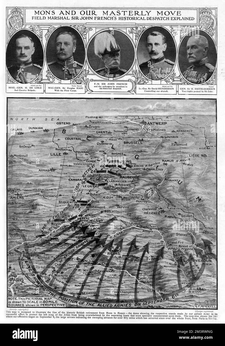 WW1 – Mons und unser Meisterwerk – Field Marshall Sir John French's Historical Dispatch erklärt. Eine bildliche Karte, die den berühmten Rückzug der British Expeditionary Force (BEF) von Mons nach Meaux und die anschließende alliierte Offensive zeigt. Stockfoto