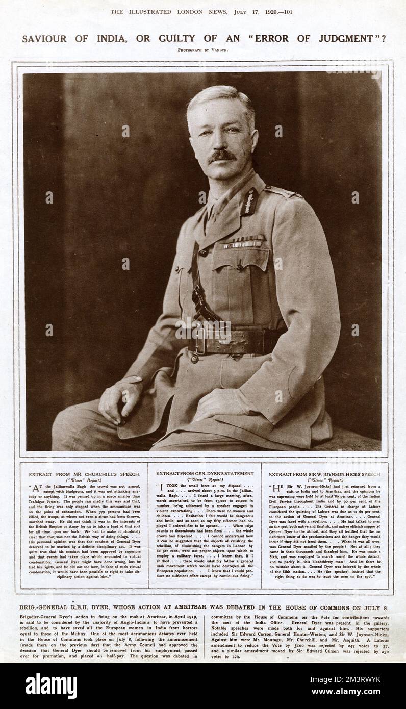 Brigadegeneral Reginald Edward Harry Dyer (1864-1927), Offizier der britischen indischen Armee. Er war verantwortlich für das Massaker von Jallianwala Bagh (13. April 1919) in Amritsar in der britisch-indischen Provinz Punjab. Seite aus den illustrierten London News, die über die Debatte über seine Taten nachdenken, die die Meinungen in Großbritannien und Indien geteilt haben. Stockfoto