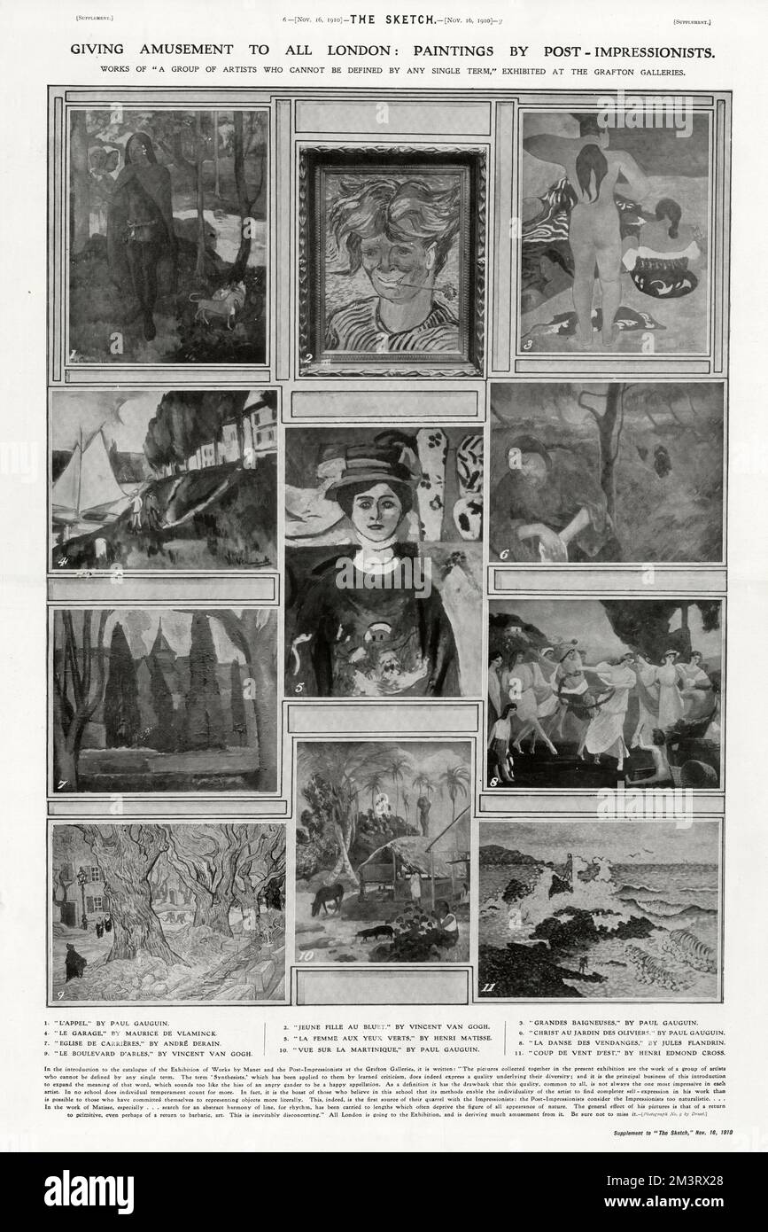 Unterhaltung für ganz London: Gemälde von Post-Impressionisten. Werke von „A Group of artists who cannot be defined by one term“, ausgestellt in den Grafton Galleries, London. (Von oben links) 1. "L'Appel" von Paul Gauguin 2. "Jeune Fille au Bluet" von Vincent Van Gogh 3. "Grandes Baigneuses" von Paul Gauguin 4. 'Le Garage' von Maurice de Vlamick 5. "La Femme aux Yeux Verts" von Henri Matisse 6. 'Christ au Jardin des Oliviers' von Gauguin 7. "Eglise de Carrieres" von Andre Derain 8. "La Danse des Vendanges" von Jules Flandrin 9. 'La Boulevard D'Arles' von Van Gogh 10. Vue sur la Martini Stockfoto