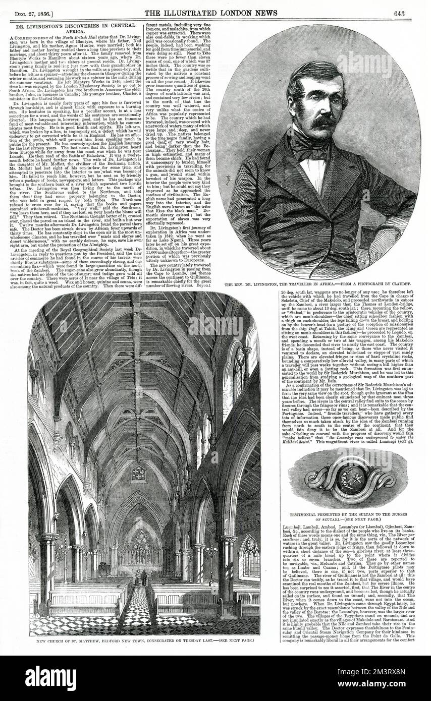 Seite aus den illustrierten London News, 1856 über die Entdeckungen von David Livingstone bei der Erkundung Zentralafrikas. Die Seite zeigt ein Porträt von Livingston von einem Foto von M. Claudet. Datum: 1856 Stockfoto