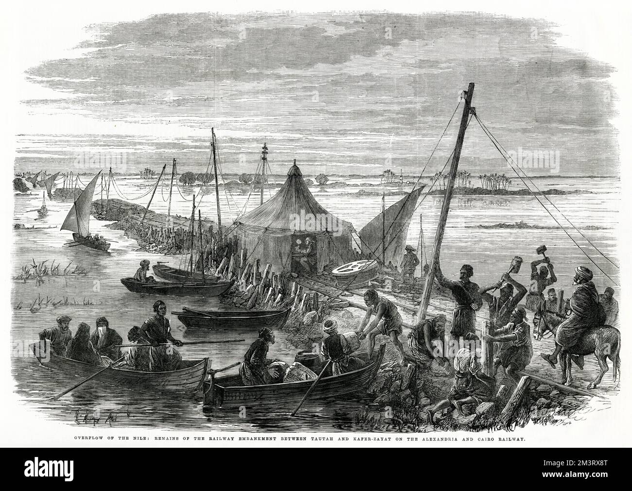 Überlauf des Nils - Überreste der Eisenbahnbrücke zwischen Tautah und Kafer-Zayat auf der Alexandria- und Kairo-Bahn. Datum: 1863 Stockfoto