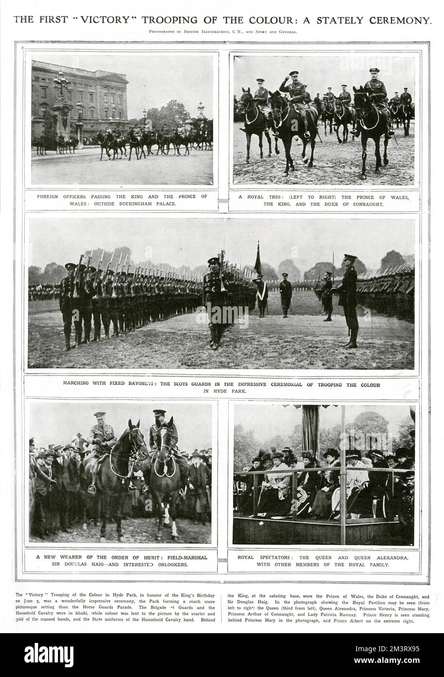 Der erste "Sieg"-Trooping der Farbe im Jahre 1919: Eine herrschaftliche Zeremonie im Hyde Park. Das mittlere Bild zeigt die Schotten-Garde, die mit Bajonetten marschiert, während Sir Douglas Haig unten links zu sehen ist. Datum: 3.. Juni 1919 Stockfoto