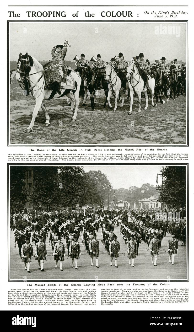 Page aus der Sphäre berichtet über die Zeremonie "Trooping of the Colour", die am 3. Juni 1919 am Geburtstag von König George V. stattfand. 1919 Stockfoto