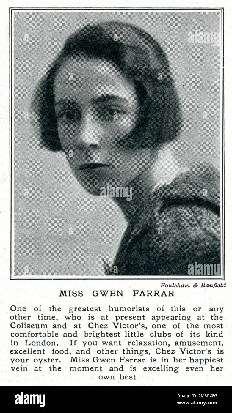 Gwendoline „Gwen“ Farrar (1899 - 1944), englischer Duettist, Cellist, Sängerin, Schauspielerin und Komiker. Im Tatler im Juli 1926, als sie im London Coliseum und im Nachtclub Chez Victor's auftrat. 1926 Stockfoto