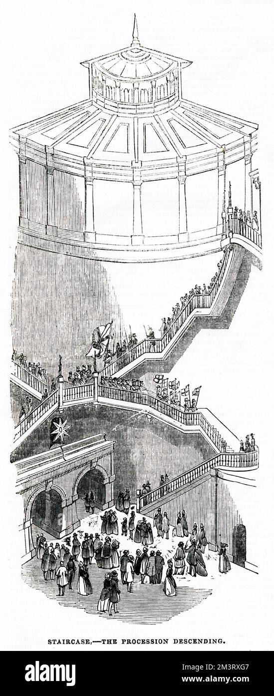 Eingangsschacht zum Themsentunnel, die Prozession die Treppe hinunter. Datum: 25. März 1843 Stockfoto