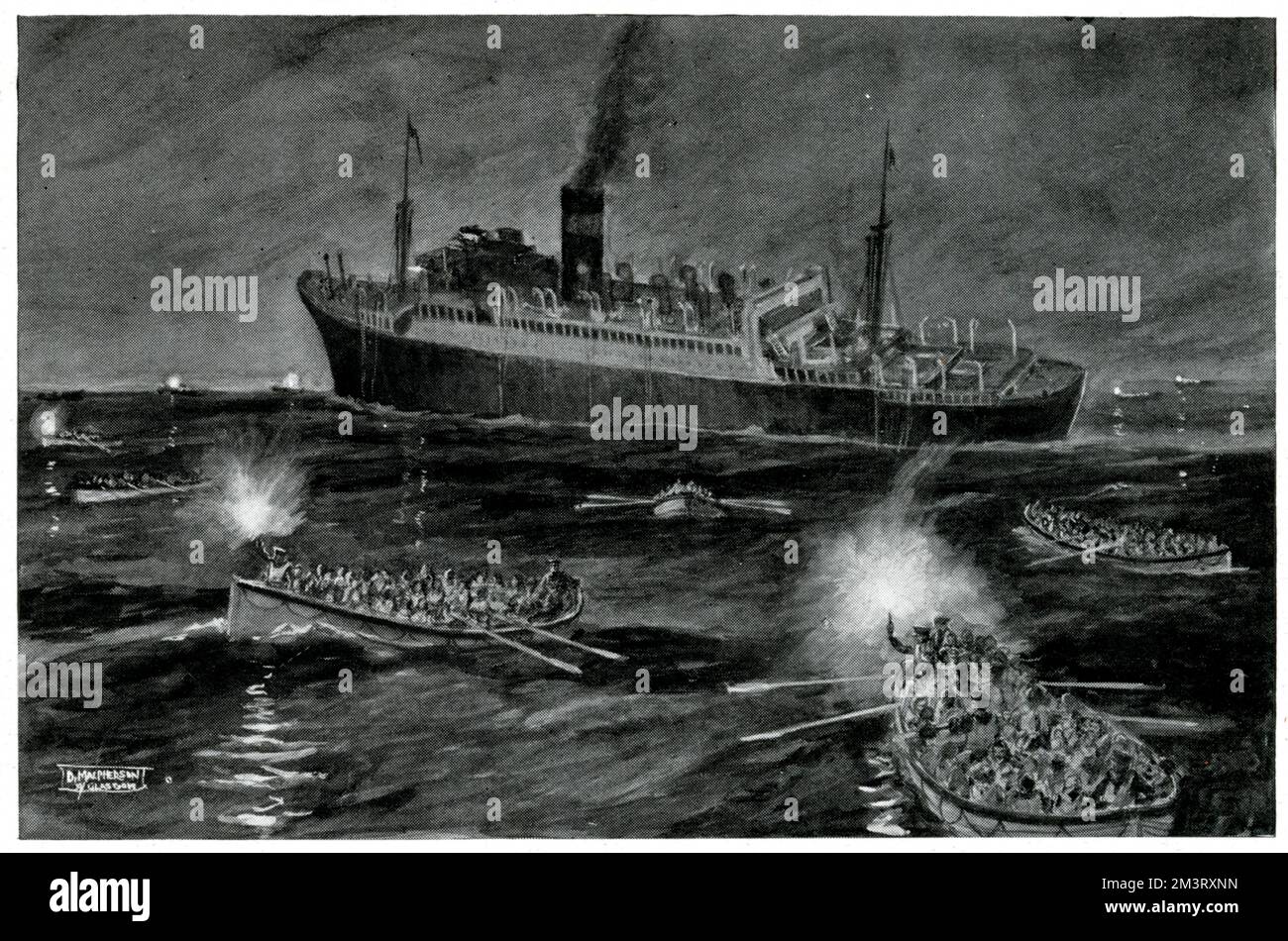 Illustration überfüllter Rettungsboote, während sie beobachten, wie der transatlantische Ozeanliner, die Athenia, sinkt. Die Schiffe werden mit Leuchtfackeln versehen, was die Kugel als „unheimliche Szene“ inmitten der „schweren Welle“ beschreibt, die die überladenen Boote mit Wasser zu füllen drohte. September 1939 Stockfoto
