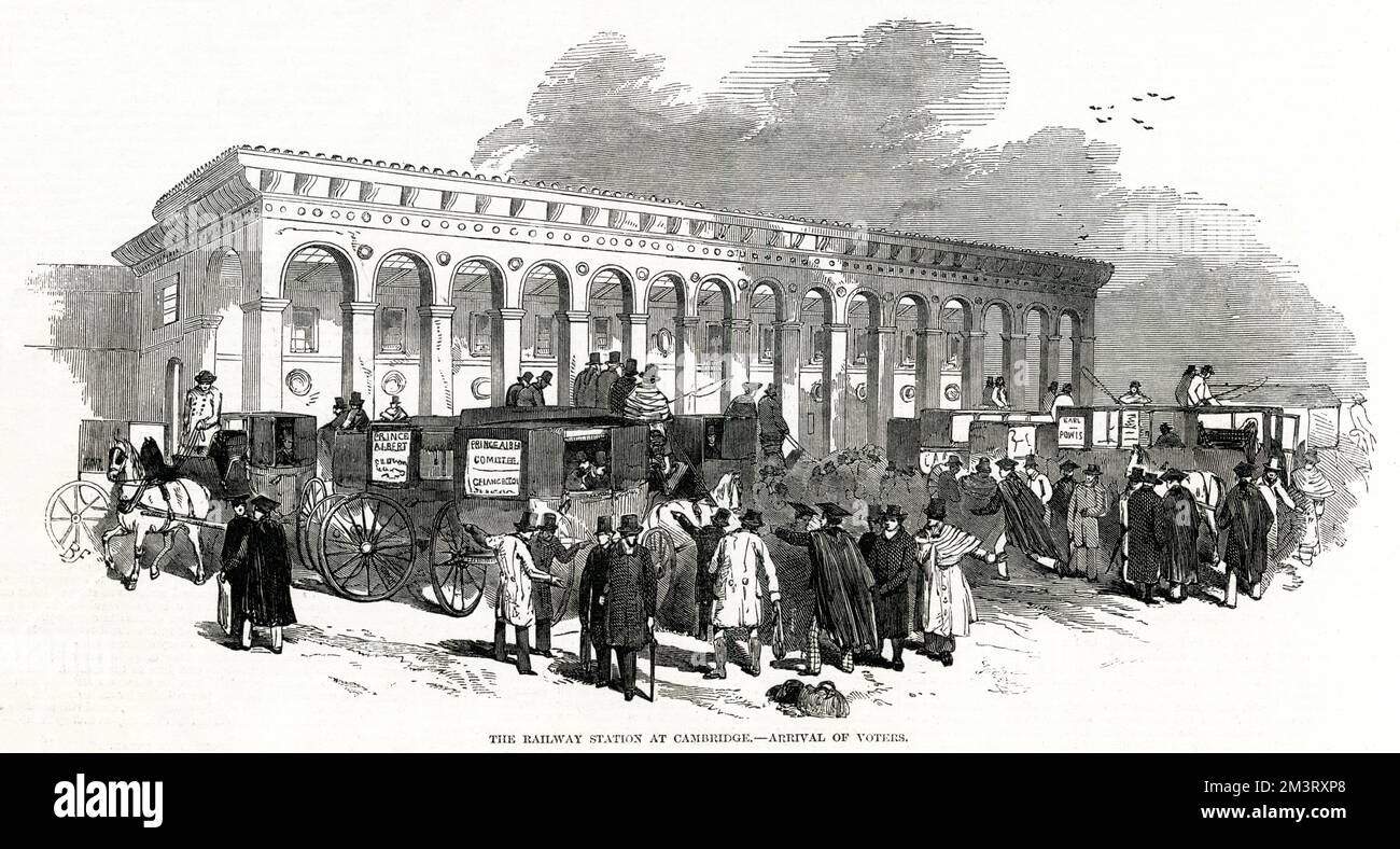 Der Bahnhof von Cambridge und die Ankunft aller männlichen Wähler für die Wahl der Kanzlerschaft in Cambridge im 19.. Jahrhundert. Datum: 1847 Stockfoto