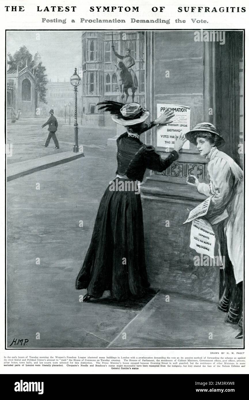Zwei Frauen, die in London Plakate aufhängen. Die Women's Freedom League ermutigte ihre Mitglieder, Gebäude mit Plakaten zu besputzen, auf denen Stimmen für Frauen als Form des passiven Protests gefordert werden, was in starkem Gegensatz zu den Versuchen der WSPU steht, gewaltsam in das Unterhaus einzutreten. Datum: 1908 Stockfoto