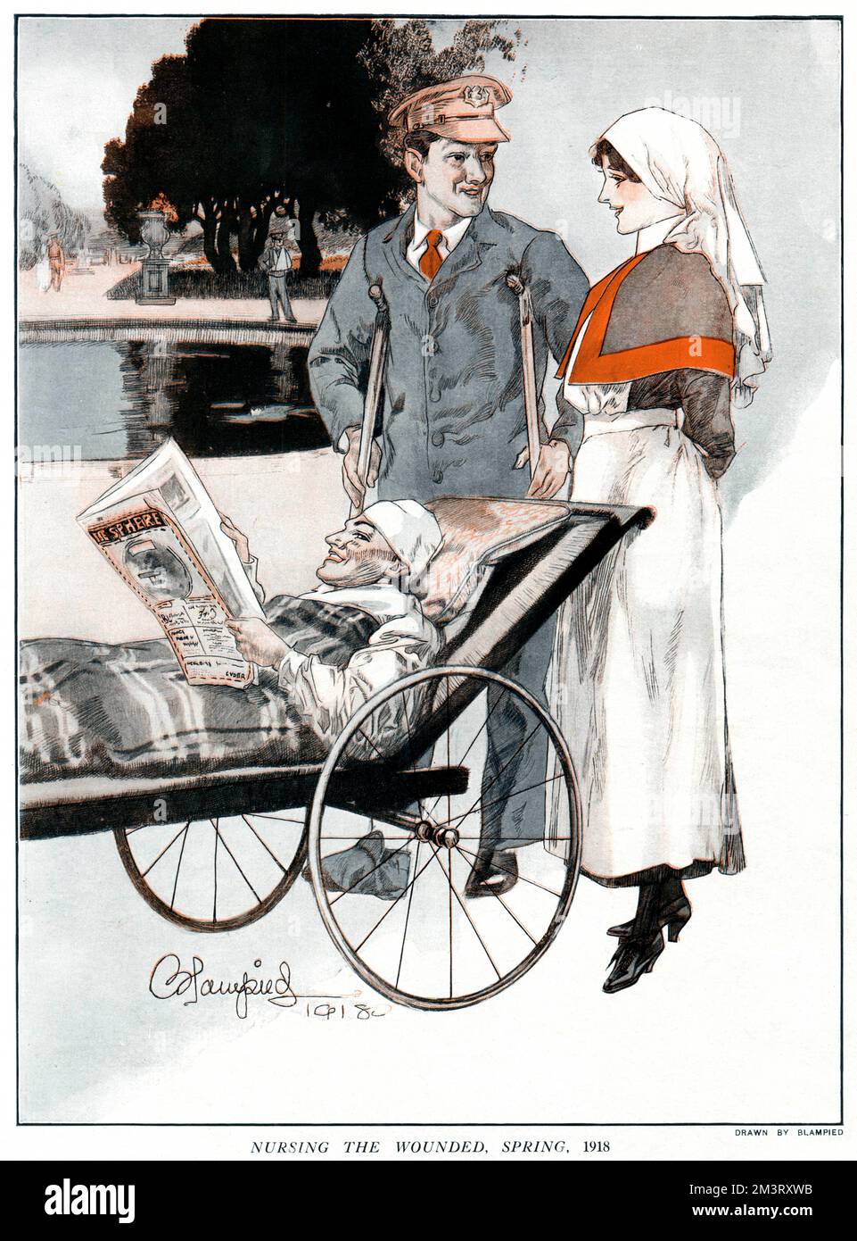 Krankenschwester und zwei verwundete Soldaten, Mai 1918 Stockfoto