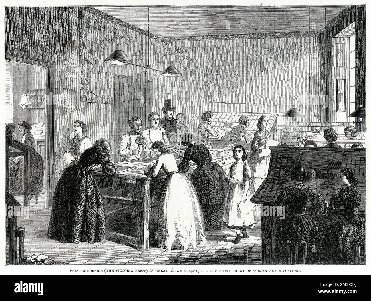 Frauen und Mädchen, die als Kompositoren unter der Aufsicht eines Mannes in der Victoria Press Druckerei in Great Coram Street, London, arbeiten. Die Komponisten zählten zu den am höchsten bezahlten Arbeitnehmern im Druckgewerbe, und Frauen besetzten diese Positionen häufig. Datum: 1861 Stockfoto