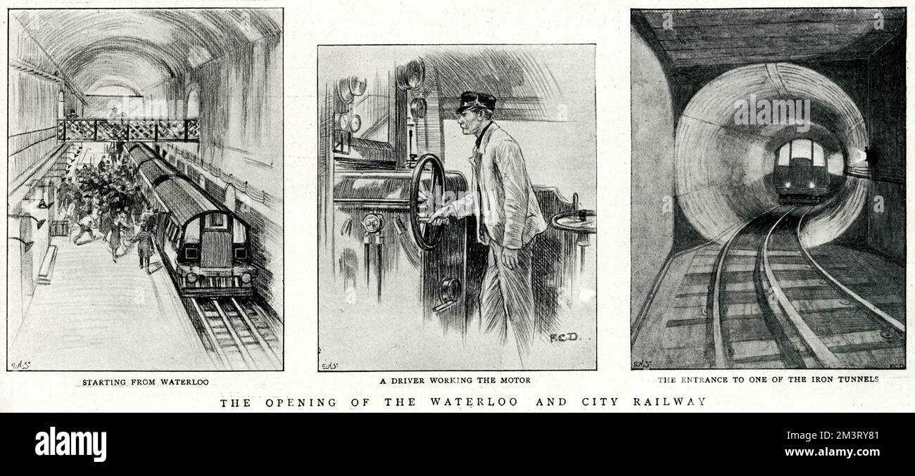 U-Bahn, Waterloo und City Line Eröffnung, London. Von Waterloo aus, ein Fahrer, der den Motor bedient, der Eingang zu einem der eisernen Tunnel. Datum: 1898 Stockfoto