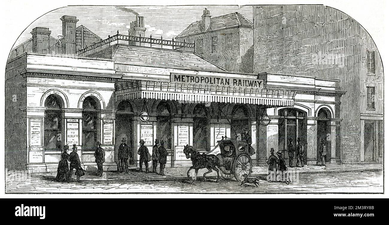 Die Metropolitan-Linie wurde nach Osten verlängert: Die Station Aldgate ist vorerst die Endstation, die nach vorne zeigt. 1876 Stockfoto