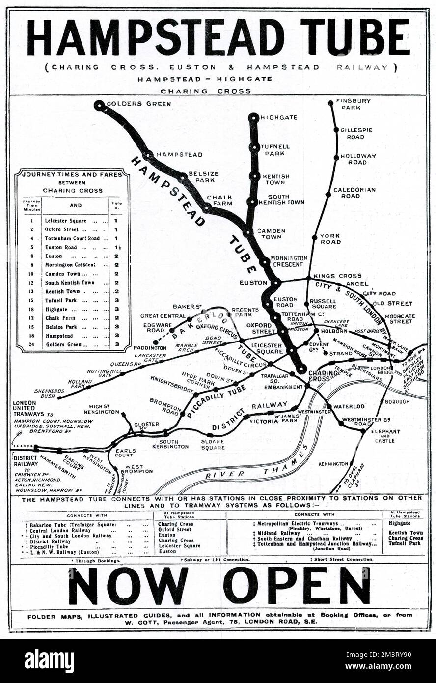 Karte der Londoner U-Bahn-Erweiterung, die die kürzlich eröffnete Hampstead Tube (Charing Cross, Euston & Hampstead Railway) hervorhebt, die nach Golders Green und Highgate abzweigt. Datum: 1907 Stockfoto