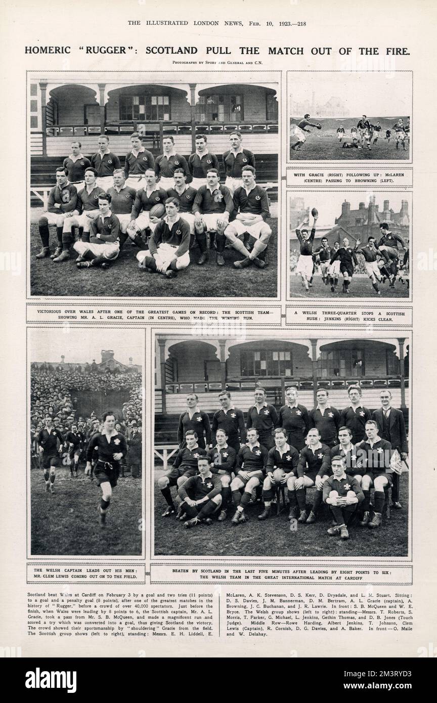 Rugby International Match – Schottland gegen Wales in Cardiff, gewonnen von Schottland 11-8. Datum: 1923 Stockfoto
