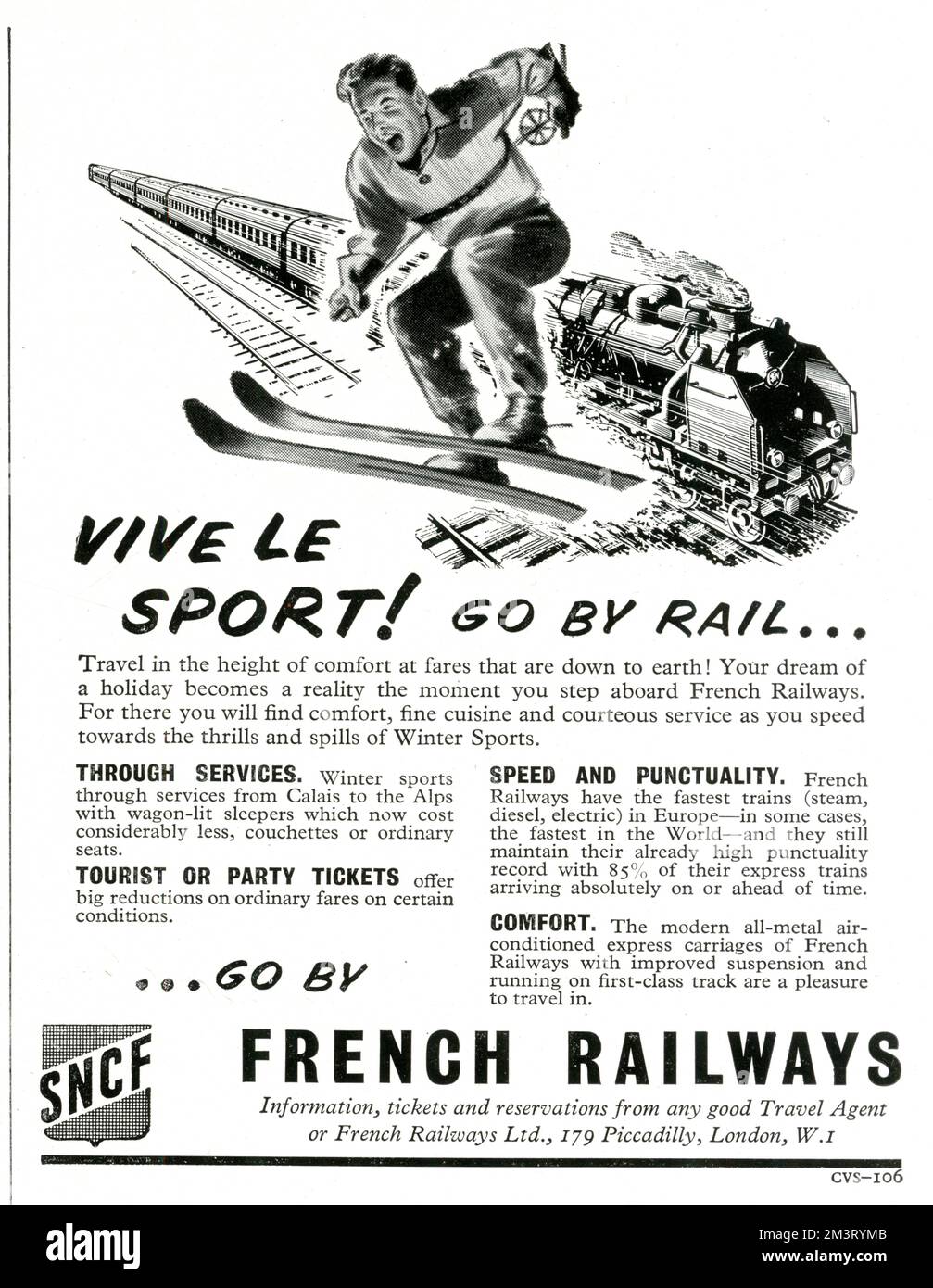 Vive Le Sport! Mit der Bahn fahren... Anzeige für SNCF French Railways. Datum: 1954 Stockfoto