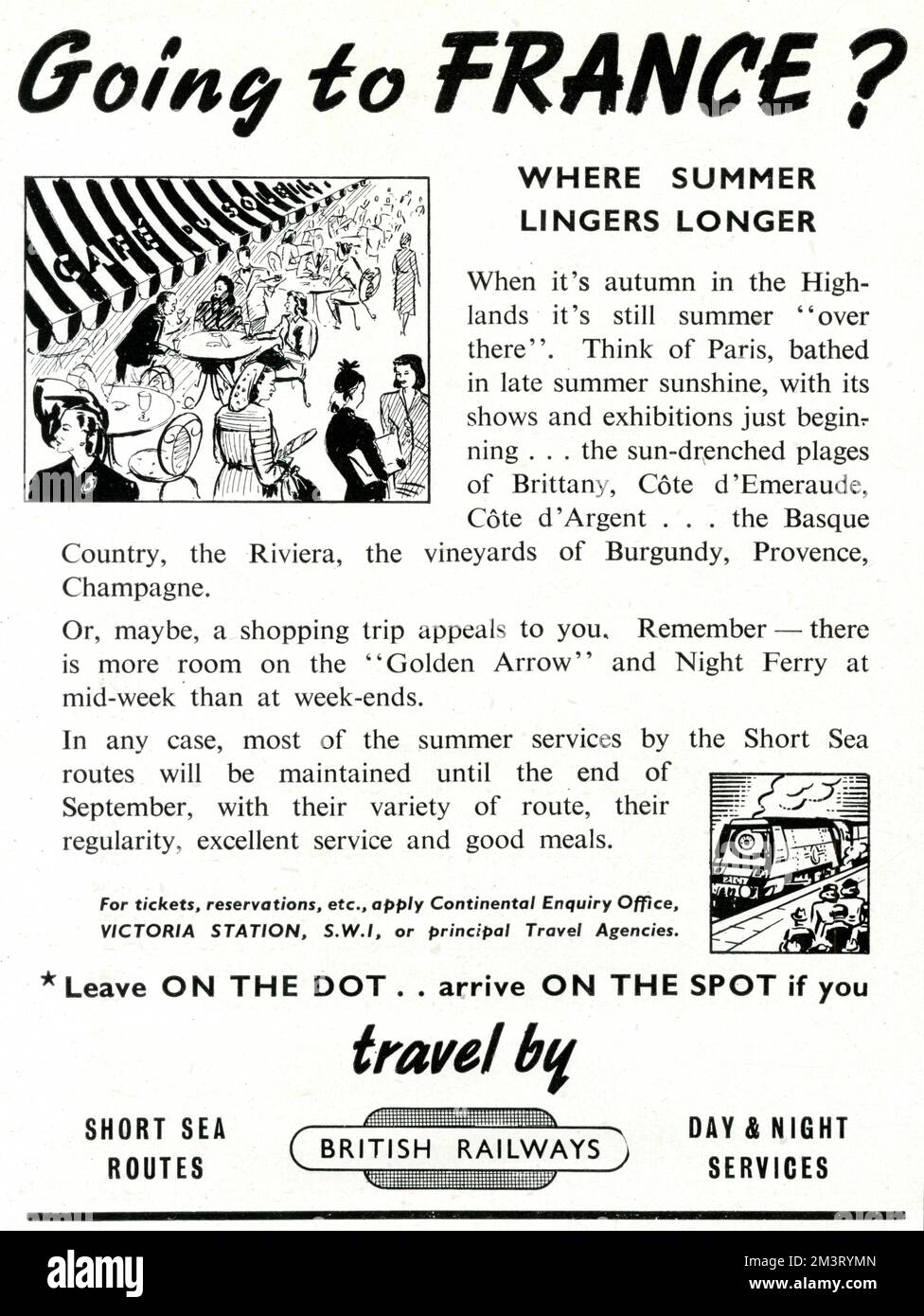 Nach Frankreich? "Wo Summer länger verweilt", "British Railways" -Werbung, "auf den Punkt..." Kommen Sie an Ort und Stelle! 1949 Stockfoto