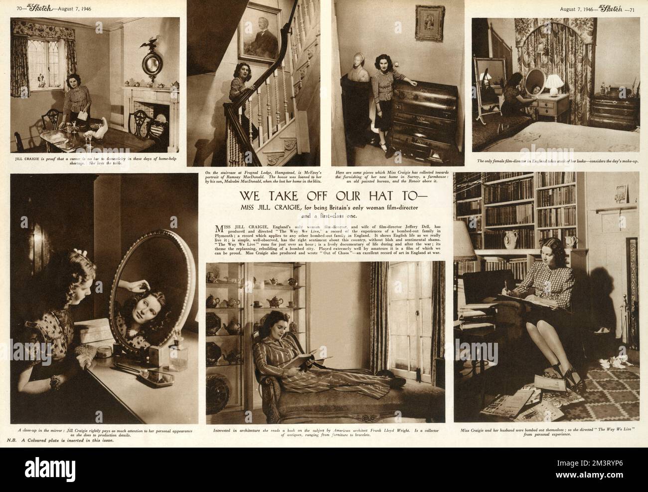 Filmregisseur Jill Craigie (1911-1999), englische Dokumentarfilmregisseurin, Drehbuchautor und Feministin, fotografiert in ihrem Haus. Auf dem Brett werden verschiedene Szenen gezeigt, darunter das Lesen von Craigie mit ihren Möbeln und Kunstsammlungen sowie das Make-up. Datum: 1946 Stockfoto