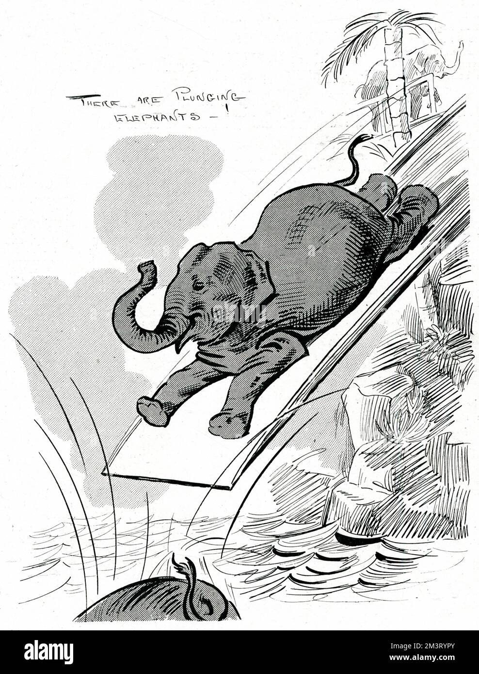 Der Abdruck der tauchenden Elefanten, der 1904 eine Sensation am London Hippodrome hervorgerufen hat. Das Theater, das sich in seinem ersten Jahrzehnt nach seiner Eröffnung im Jahr 1900 auf Zirkussorten spezialisiert hat, war bekannt für seine Wasserspiele und Tierdarbietungen. Die Elefanten kletterten eine Rampe hinauf und rutschten eine 45-Grad-Rutsche hinunter in den berühmten Wassertank des Hippodroms vor dem Publikum. Datum: 1904 Stockfoto