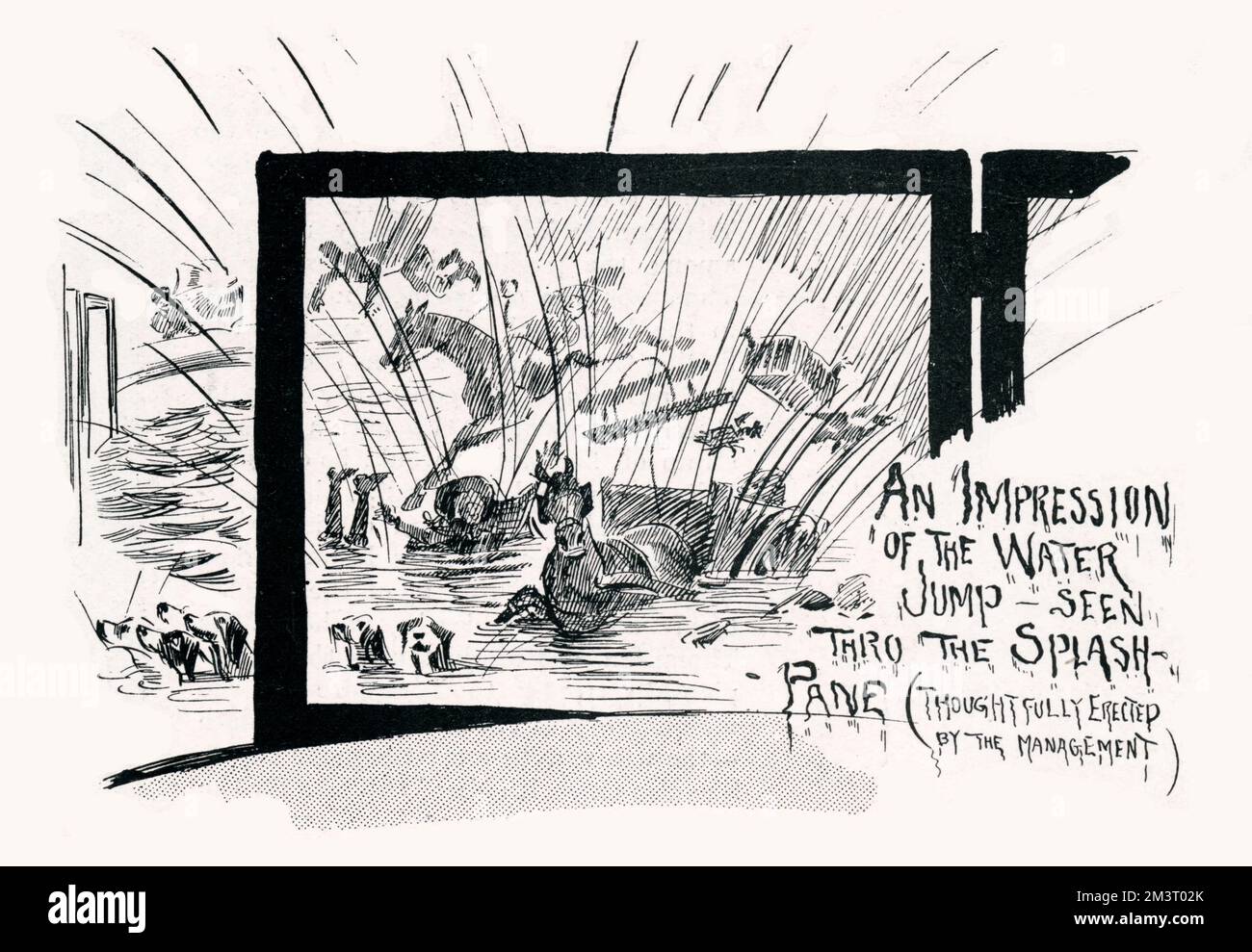 Das große Finale von „Tally-ho“, dem neuesten Wasserspiel am Londoner Hippodrom, das vom Publikum durch die „Paneele“ gesehen wurde - Glasbarrieren, die die Arena umkreisen, um sicherzustellen, dass die Ställe nicht durchnässt werden, wenn die Pferde in den Panzer stürzten. Datum: 1901 Stockfoto