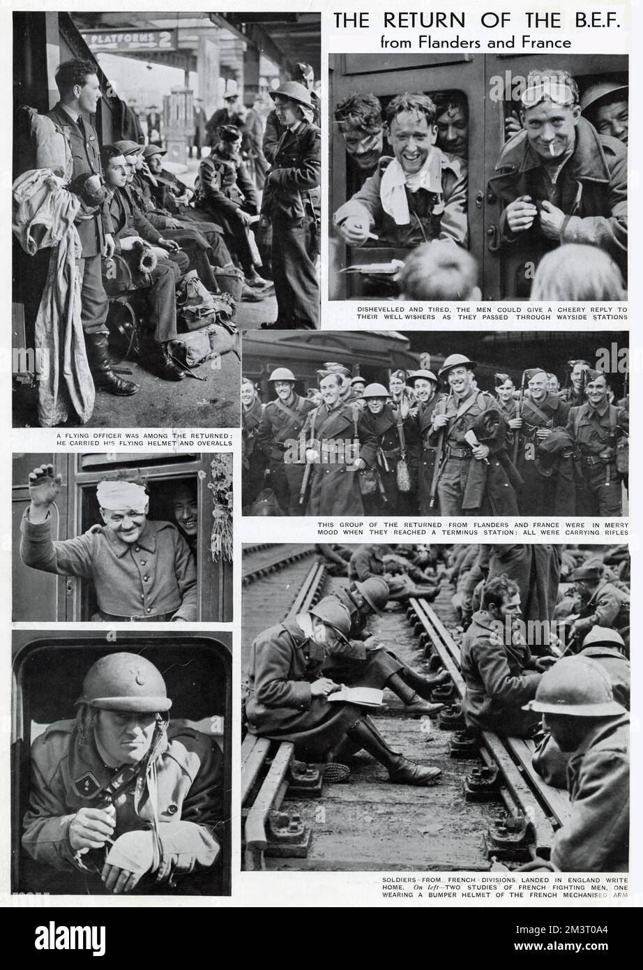 Rückkehr der britischen Expeditionstruppe aus Dünkirchen, in Zügen und auf Bahnsteigen, sowie ein britischer Flugoffizier und einige französische Soldaten, die auf Bahngleisen sitzen, um Briefe nach Hause zu schreiben. Datum: 1940 Stockfoto