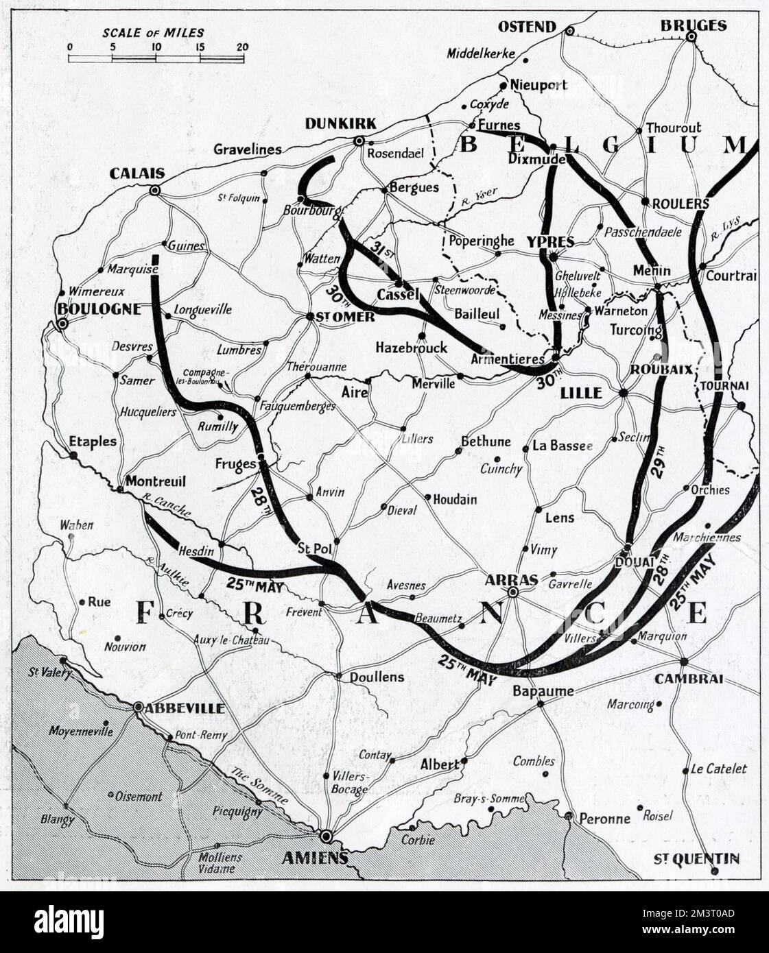 Karte von Nordfrankreich und Belgien, die die Bildung der Lücke im Gebiet Bapaume zeigt, die zur Schließung der Alliierten und zum Rückzug in Richtung Küste führt. Datum: 1940 Stockfoto