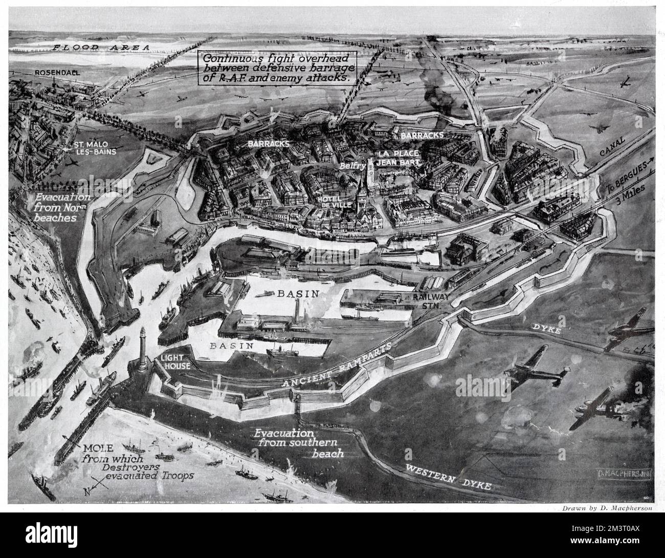 Luftaufnahme von Dünkirchen und Hafen während der Evakuierung mit umliegender Landschaft. Datum: 1940 Stockfoto