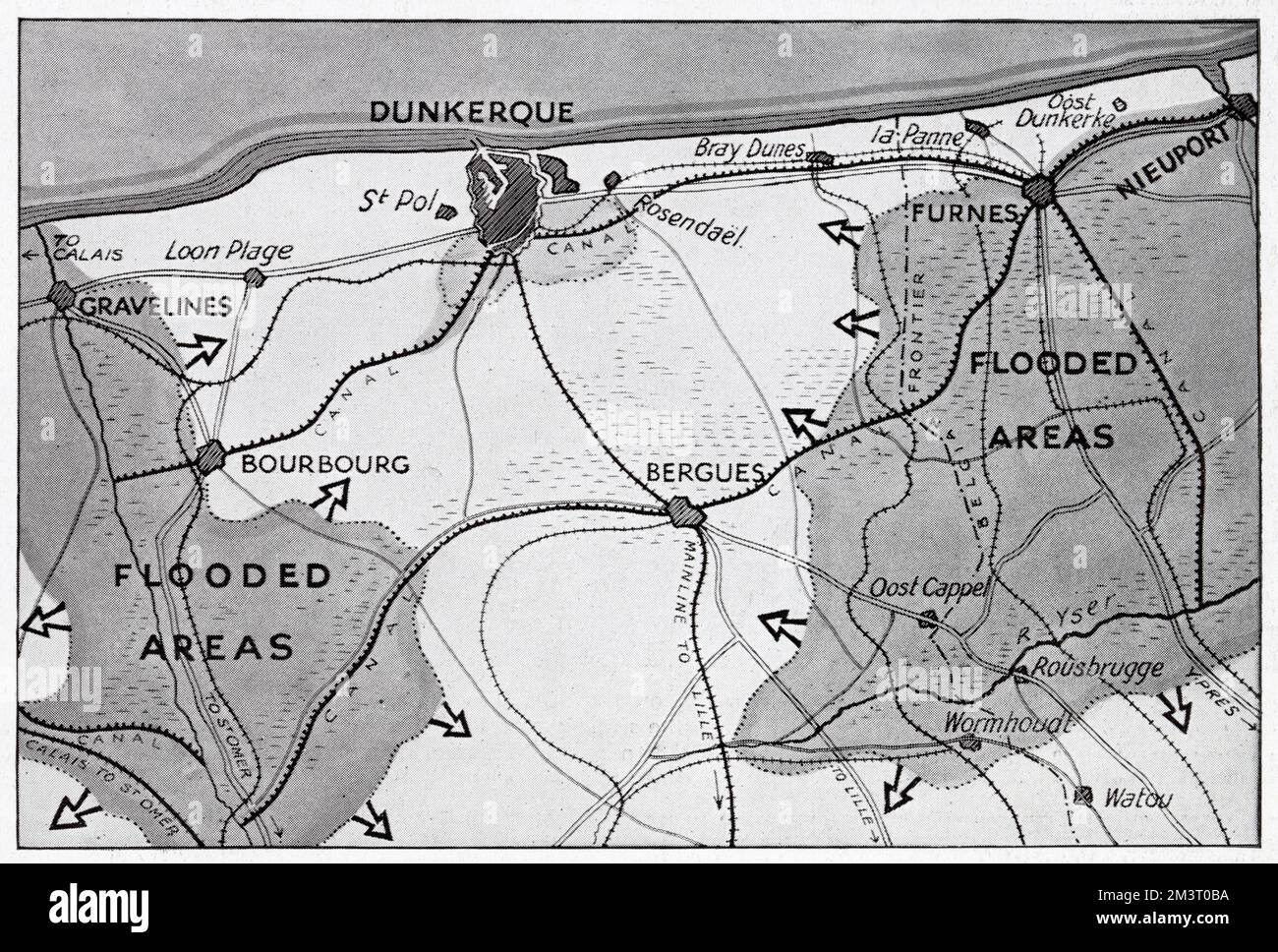 Karte des Gebiets Dünkirchen in Nordfrankreich während der Evakuierung, auf der zwei überflutete Gebiete tiefliegender Wiesen zu sehen sind, die den Rückzug der Alliierten unterstützten. Datum: 1940 Stockfoto