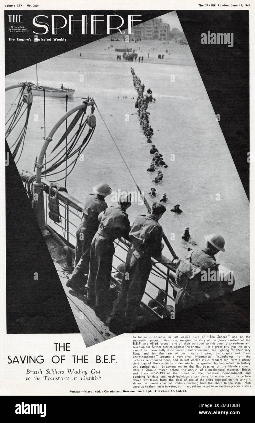 Männer der britischen Expeditionstruppe in Dünkirchen, Nordfrankreich, waten auf See zu einem Rettungsschiff während der Evakuierung. Datum: 1940 Stockfoto