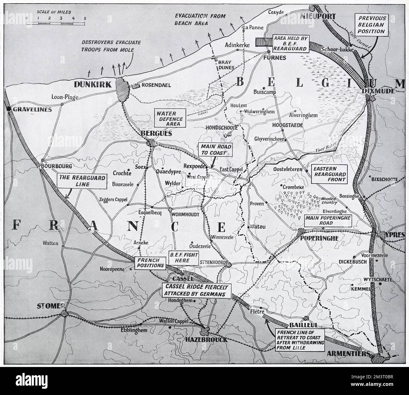 Karte der nördlichen französischen und belgischen Küste, die die Evakuierung von Dünkirchen und anderen Orten, das Evakuierungsdreieck, durch das sich die alliierten Armee zurückgezogen hat, und das Gebiet des Rückzugskampfes zeigt. Datum: 1940 Stockfoto