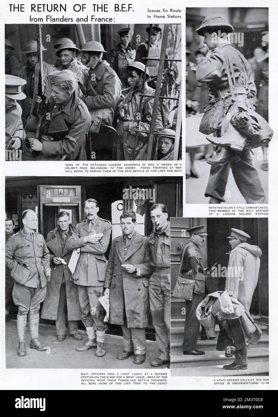 Rückkehr der britischen Expeditionstruppe aus Dünkirchen, auf Bahnhöfen auf dem Heimweg, und ein Stabsoffizier, der beim Kriegsbüro in London anruft. 1940 Stockfoto