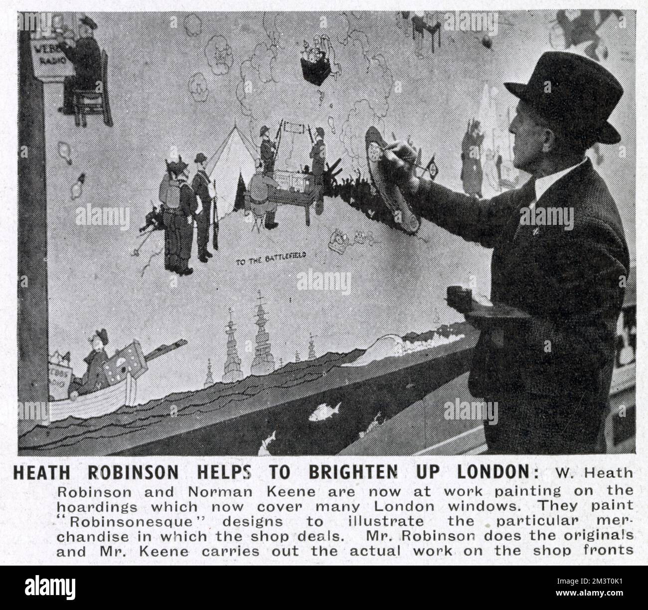 Der Künstler Norman Keene repliziert die Originalzeichnungen von William Heath Robinson an verkleideten Ladenfronten in London. Heath Robinson entwarf Bilder, um die besondere Ware im Geschäft zu illustrieren, und Keene führte die eigentlichen Arbeiten an der Ladenfront durch. Datum: Dezember 1940 Stockfoto