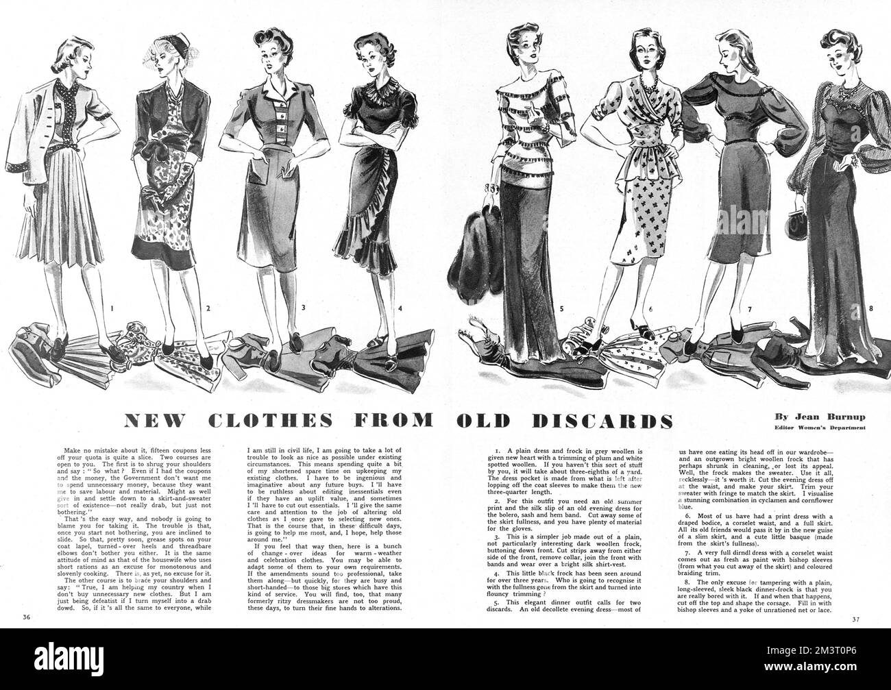 Neue Kleider von alten Mülltonnen. Tipps für Mode und gute Kleidung in Kriegszeiten aus Britannia &amp;Eve, Mai 1942. Datum: 1942 Stockfoto