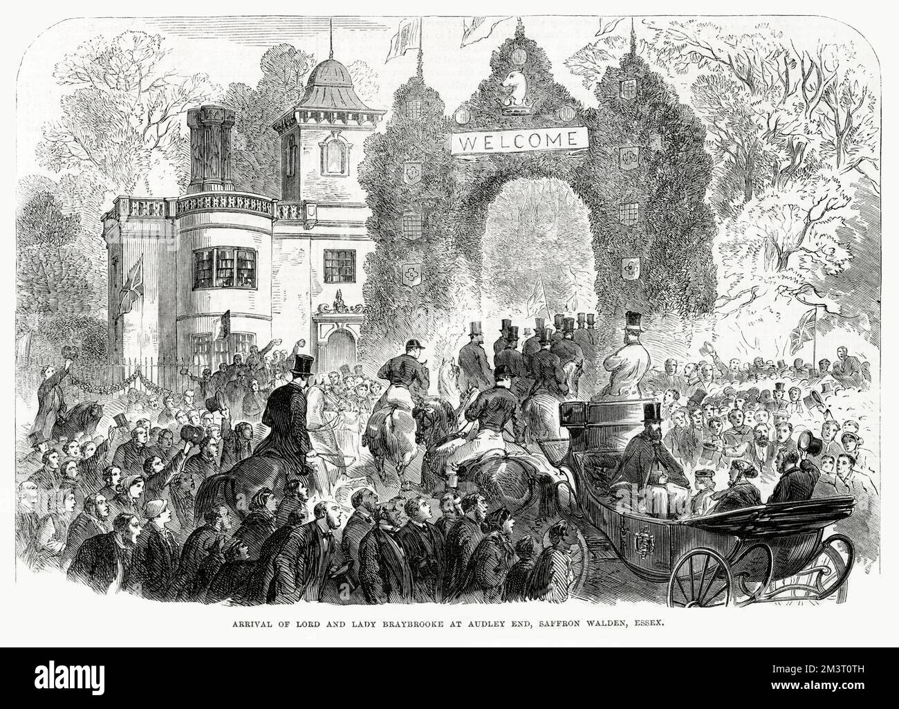 Die Ankunft von Lord und Lady Braybrooke im Audley End House. Stockfoto