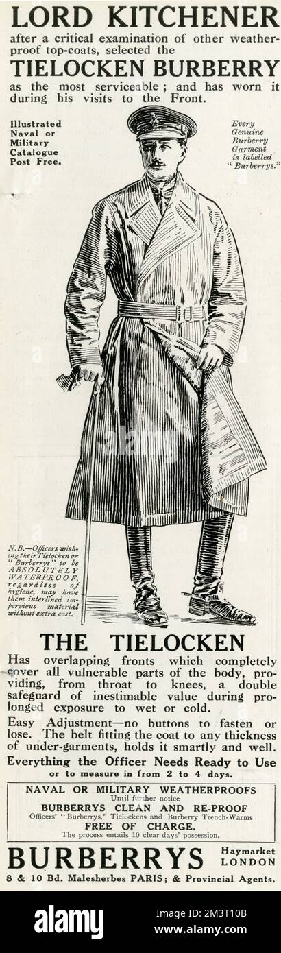 Werbung für den Trenchcoat Burberry Tielocken, wie von Lord Kitchener empfohlen und getragen während der Besuche an der Front. Stockfoto