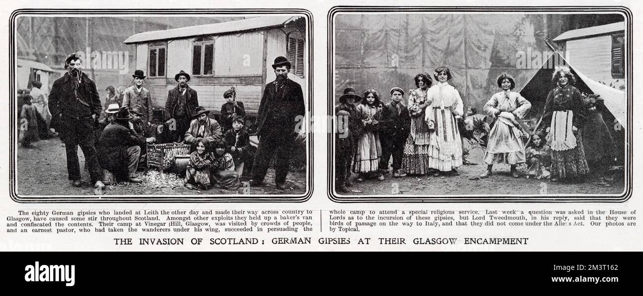 Deutsche Zigeuner wurden in ihrem Lager am Essigar Hill in Glasgow fotografiert, wo sie bei den Einheimischen für Aufregung sorgten. Stockfoto