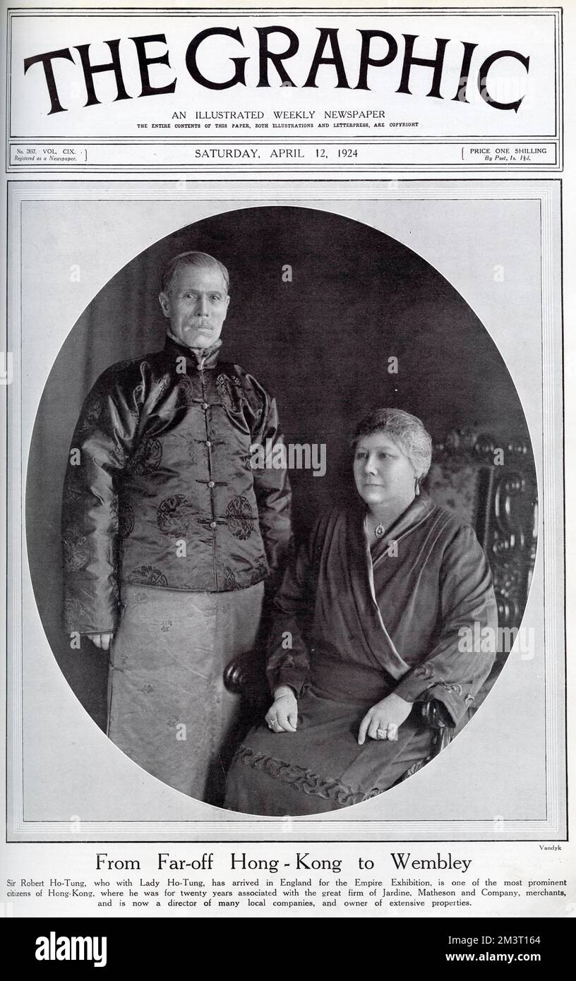 Sir Robert und Lady Ho-Tung, die 1924 für die Ausstellung des British Empire nach Großbritannien gereist waren. Sir Robert war ein prominenter Händler in Hongkong und mit dem Unternehmen Jardine, Matheson and Co. Verbunden, einem Unternehmen, das Baumwolle, Seide und Tee sowie andere Rohstoffe verkauft. Stockfoto
