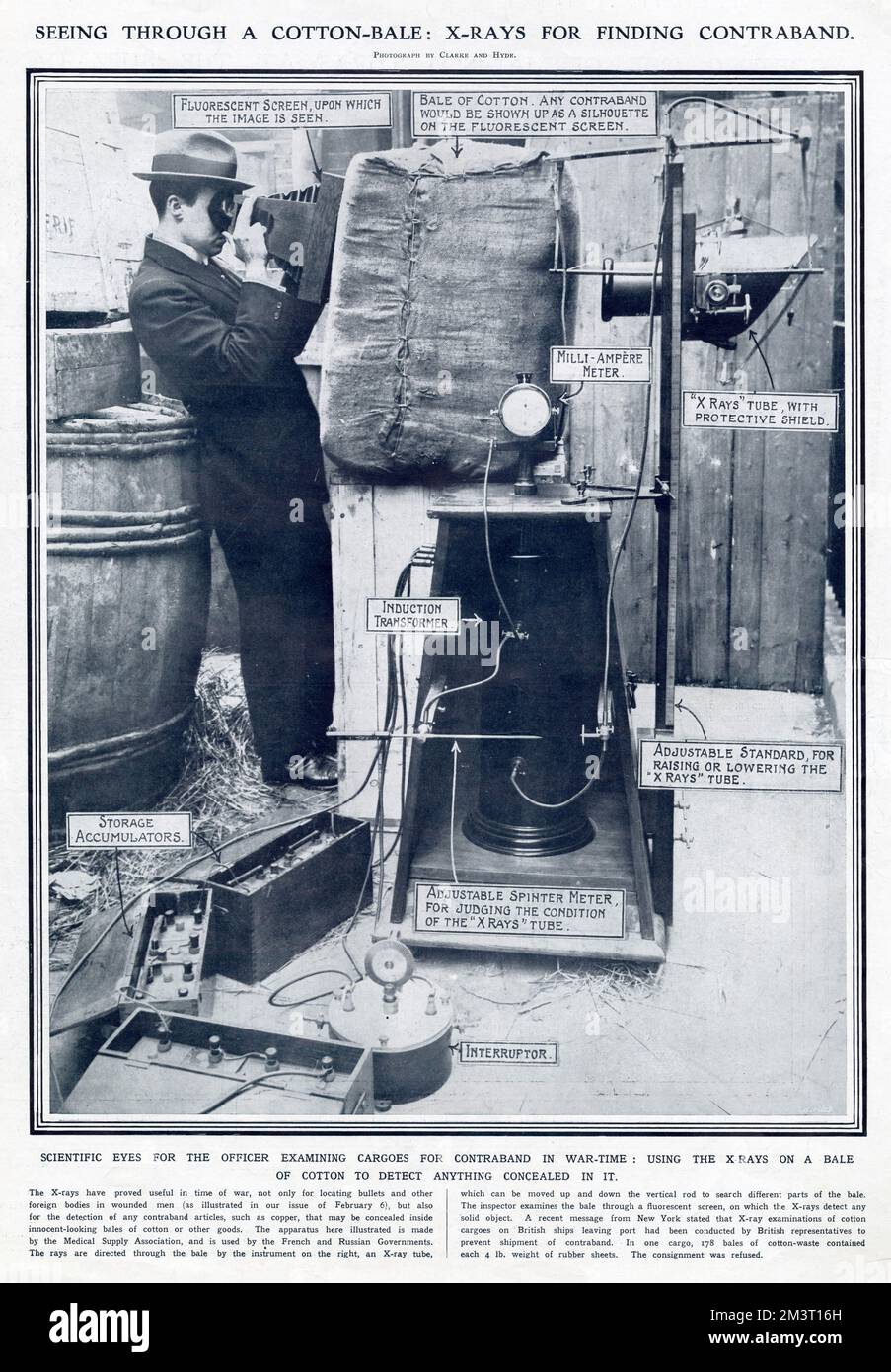 Im Ersten Weltkrieg hatte sich Röntgen als nützlich erwiesen, um Kugeln und Fremdkörper bei Verwundeten zu lokalisieren und auch Schmuggelware wie Kupfer zu entdecken, das in unschuldig aussehenden Ballen aus Baumwolle oder anderen Waren versteckt sein könnte. Stockfoto