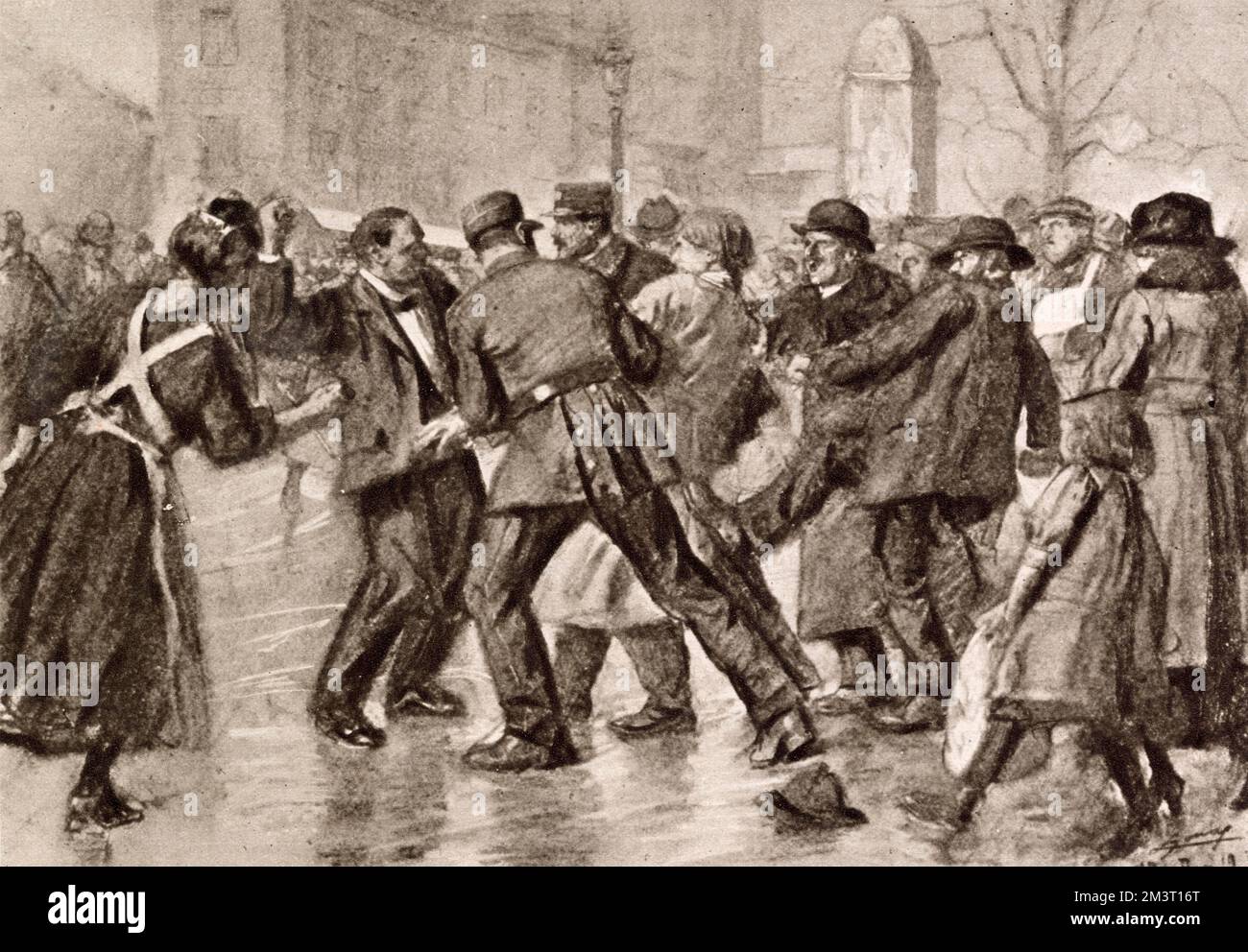 Verhaftung des französischen Anarchisten Emile Cottin nach seinem versuchten Attentat auf den französischen Premierminister Georges Clemenceau am 19. Februar 1919. Stockfoto