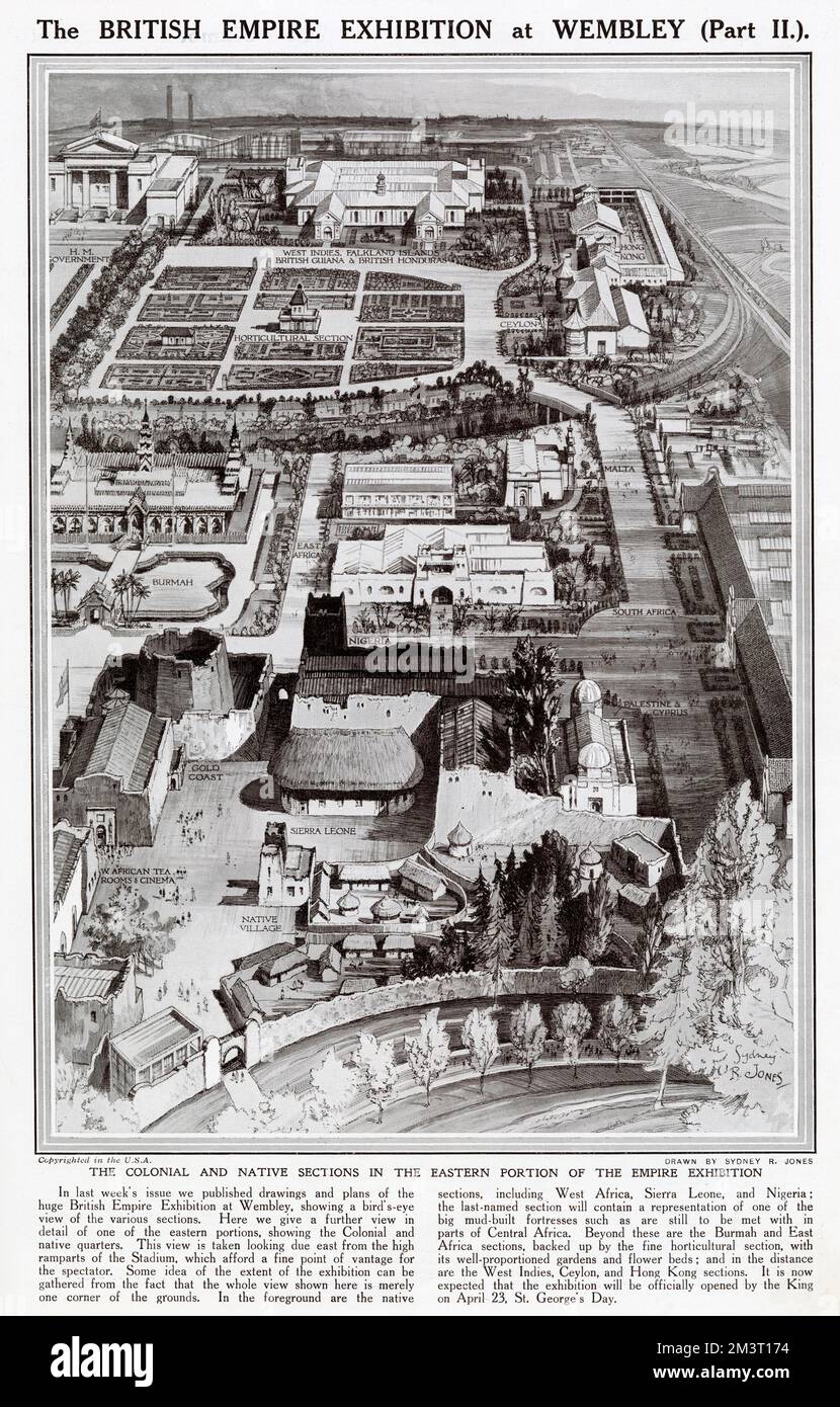 Luftaufnahme der Kolonialabschnitte und der Ureinwohner des östlichen Teils der British Empire-Ausstellung in Wembley im Jahr 1924. Stockfoto