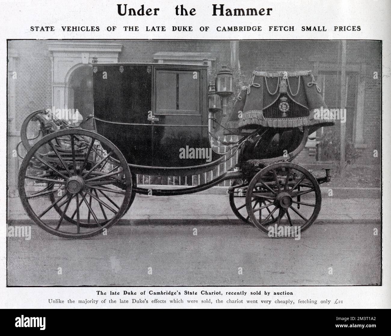 Die Kutsche des verstorbenen Herzogs von Cambridge, die 1904 für eine Auktion angeboten wurde und einen Preis von nur 21 Pfund einbrachte. Fred Karno und seine Unterhaltungstruppe kauften die Kutsche. Stockfoto