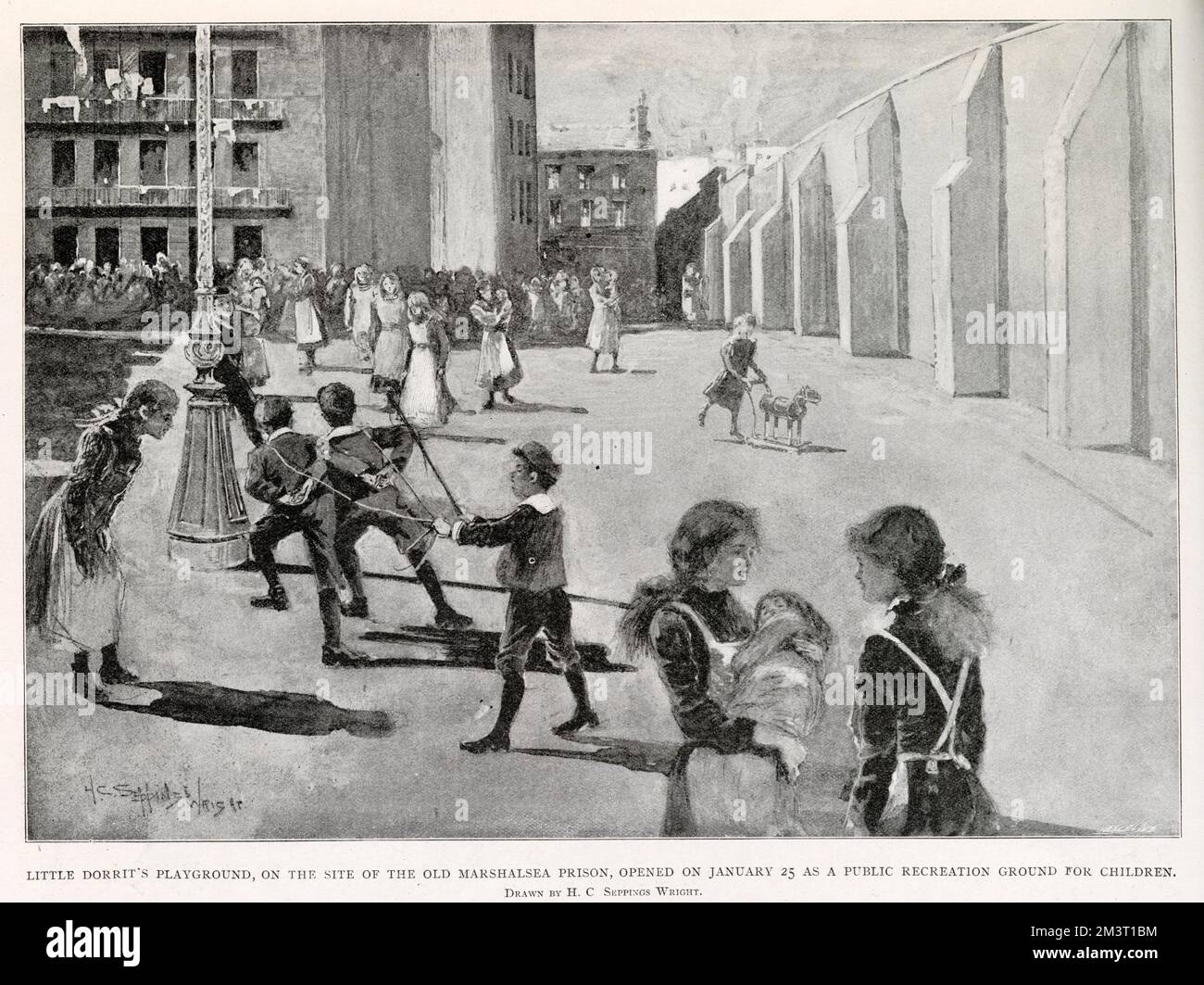 Ein öffentliches Erholungsgelände für Kinder, erbaut auf dem Gelände des Marshalsea Gefängnisses, eröffnet von Lord Monkswell am 25. Januar 1902 und benannt nach Charles Dickens Heldin, Little Dorritt, die an demselben Ort spielte. Stockfoto